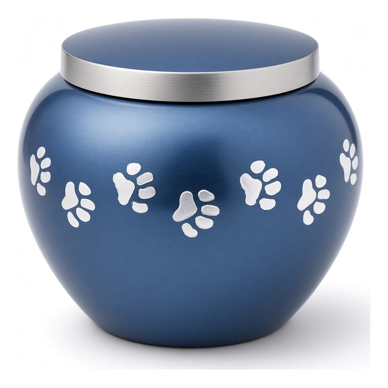 Rounded Pot Urns — Blue · Silver paw prints