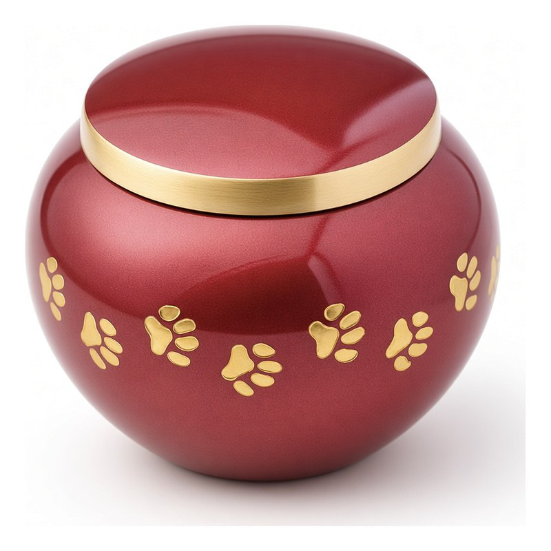 Rounded Pot Urns — Crimson · Gold paw prints