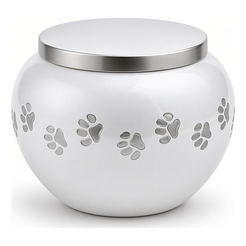 Rounded Pot Urns — Pearl White · Silver paw prints